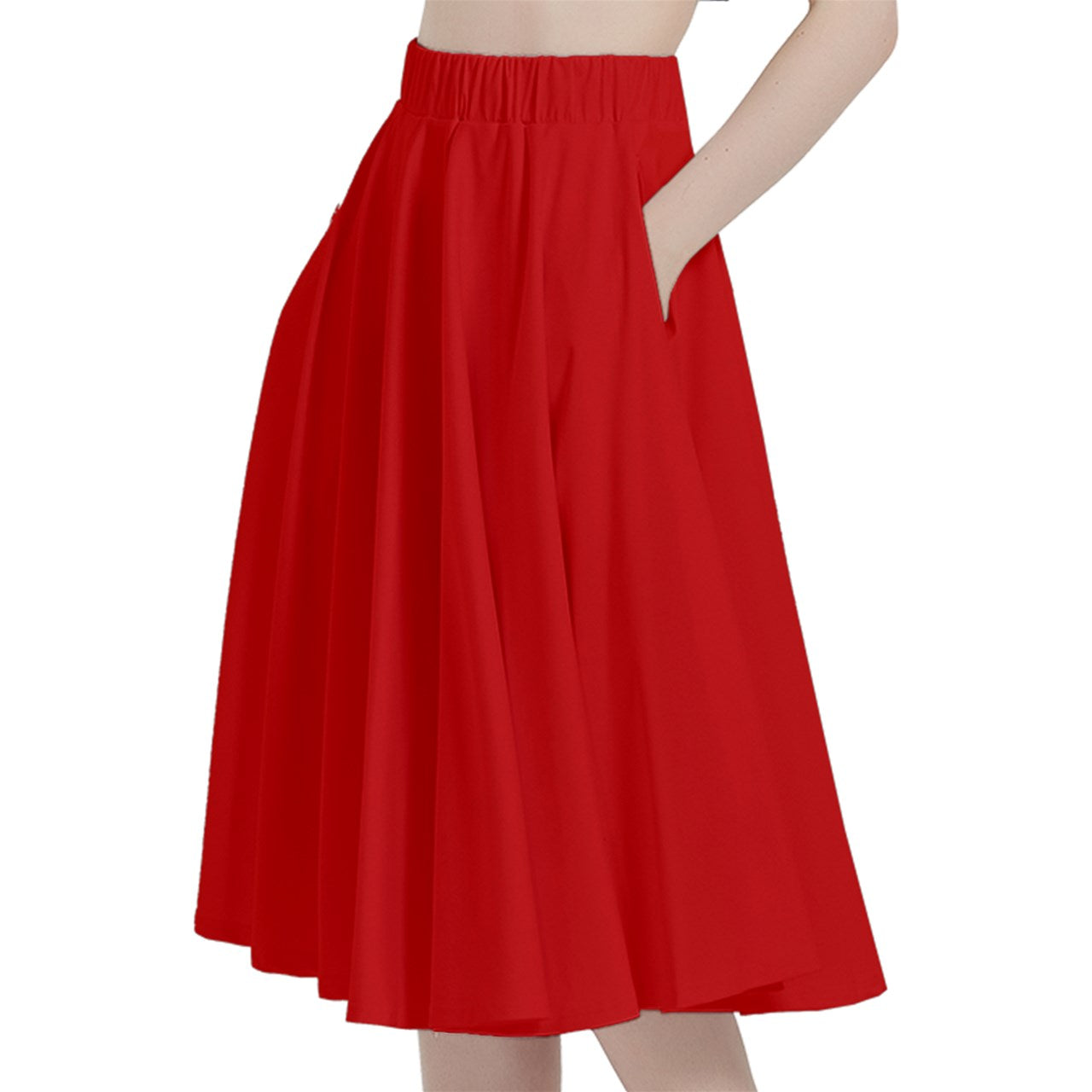 Red A-Line Midi Skirt With Pocket