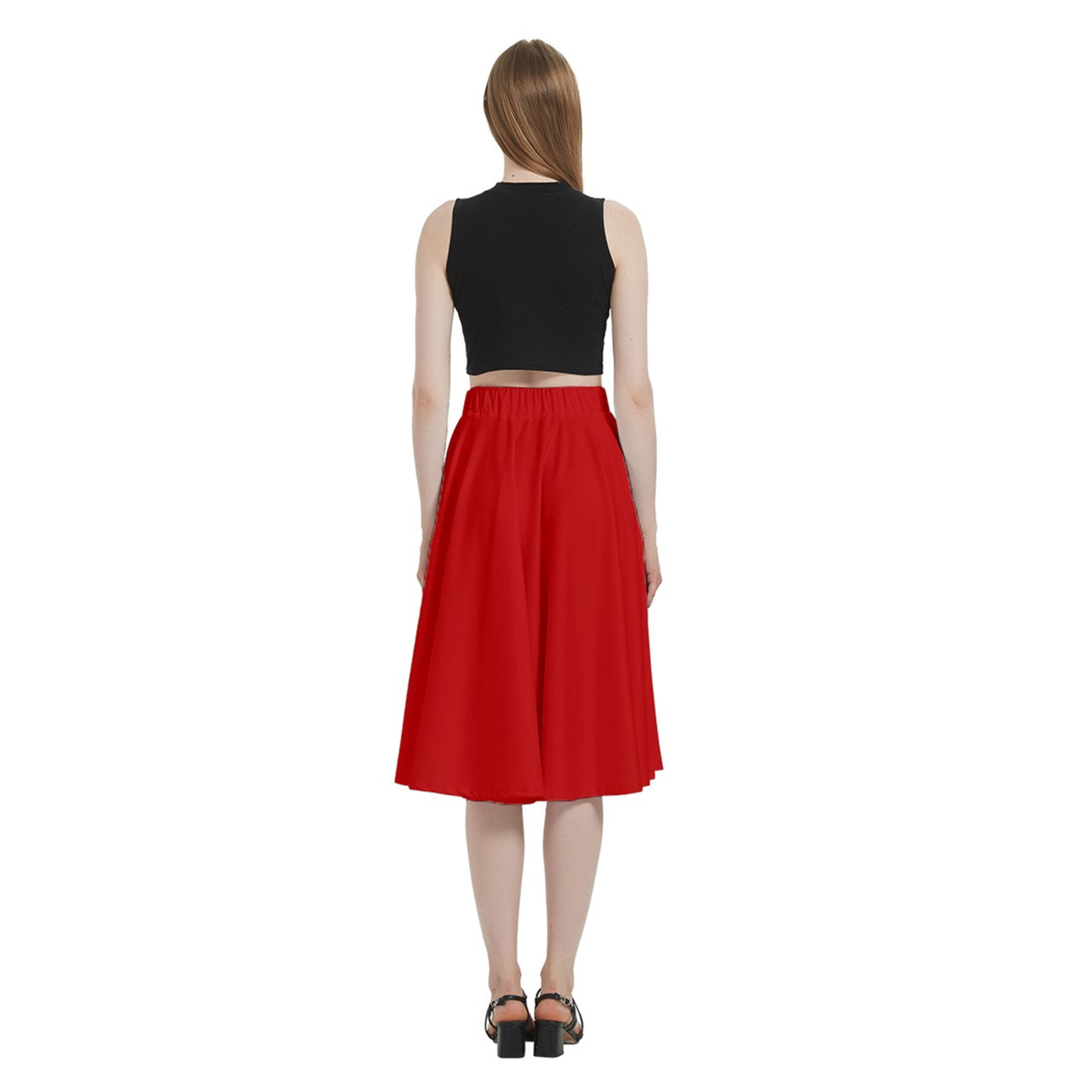 Red A-Line Midi Skirt With Pocket