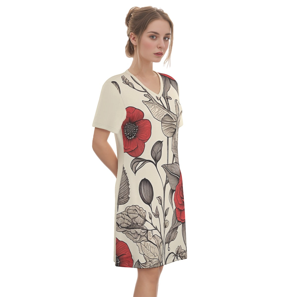Wild Rose -- Women's V Neck Dress 100% Cotton