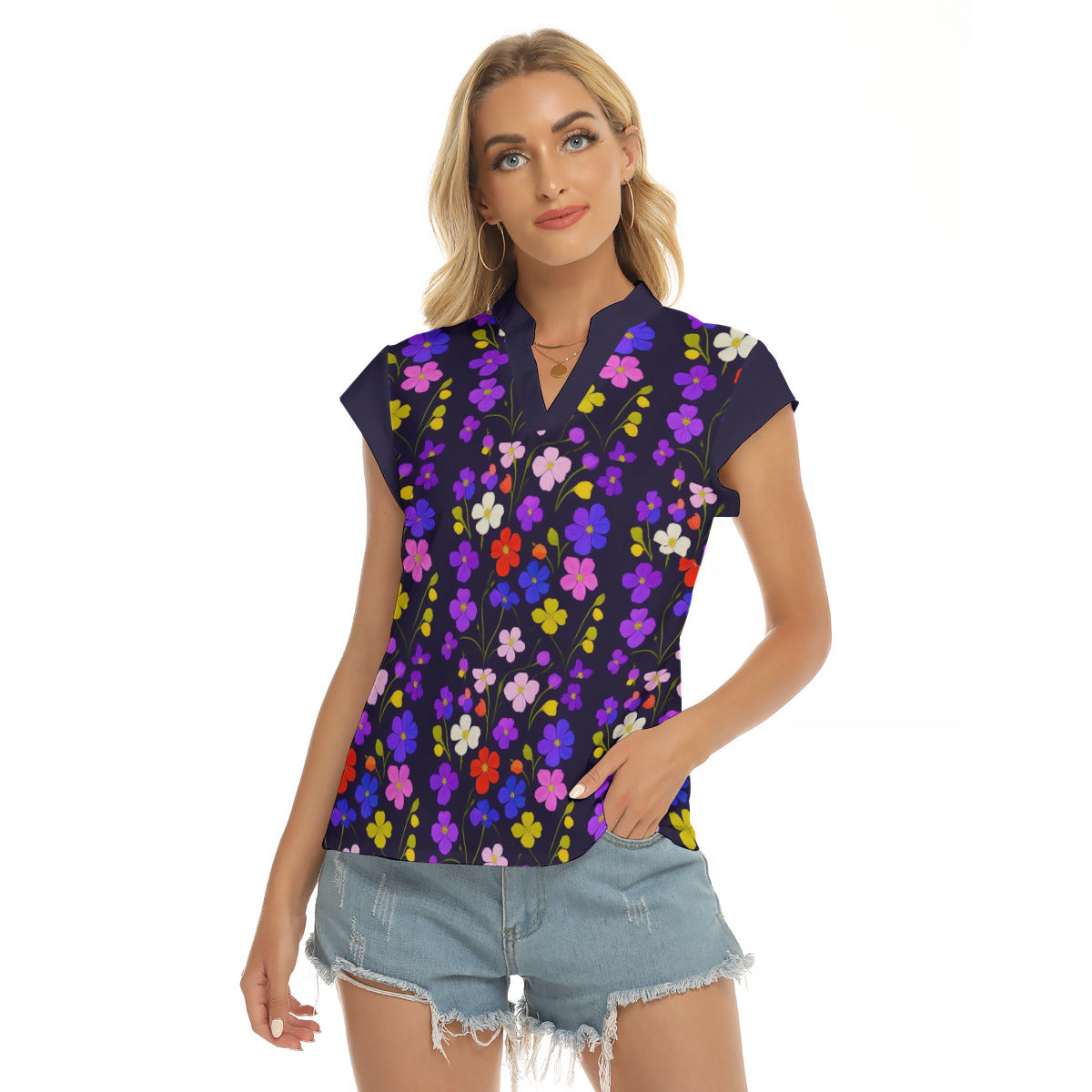 Violets -- Women's Stacked V-neck Short Sleeve Blouse