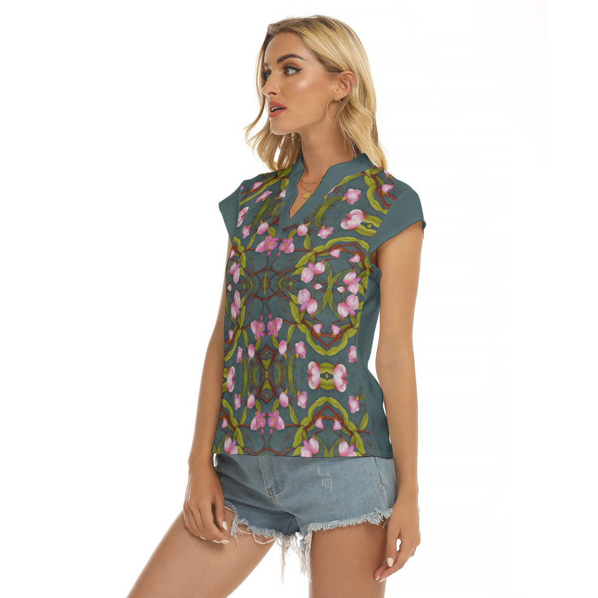 Honeysuckle Too -- Women's Stacked V-neck Short Sleeve Blouse