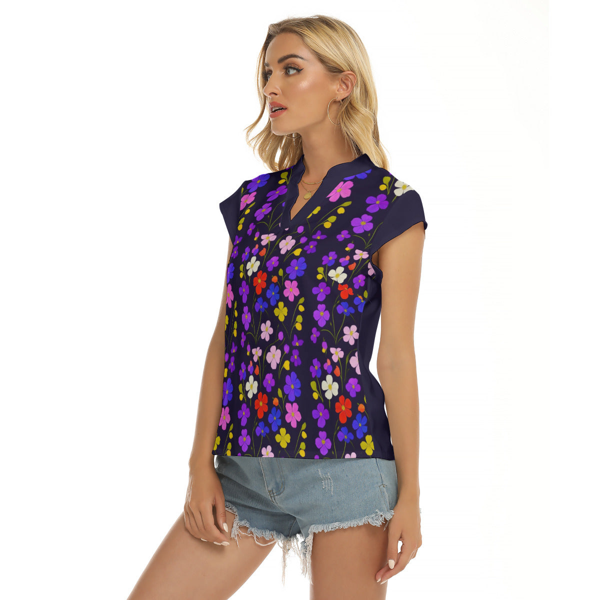 Violets -- Women's Stacked V-neck Short Sleeve Blouse