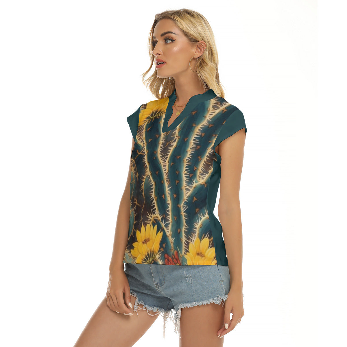 Saguaro Flower -- Women's Stacked V-neck Short Sleeve Blouse