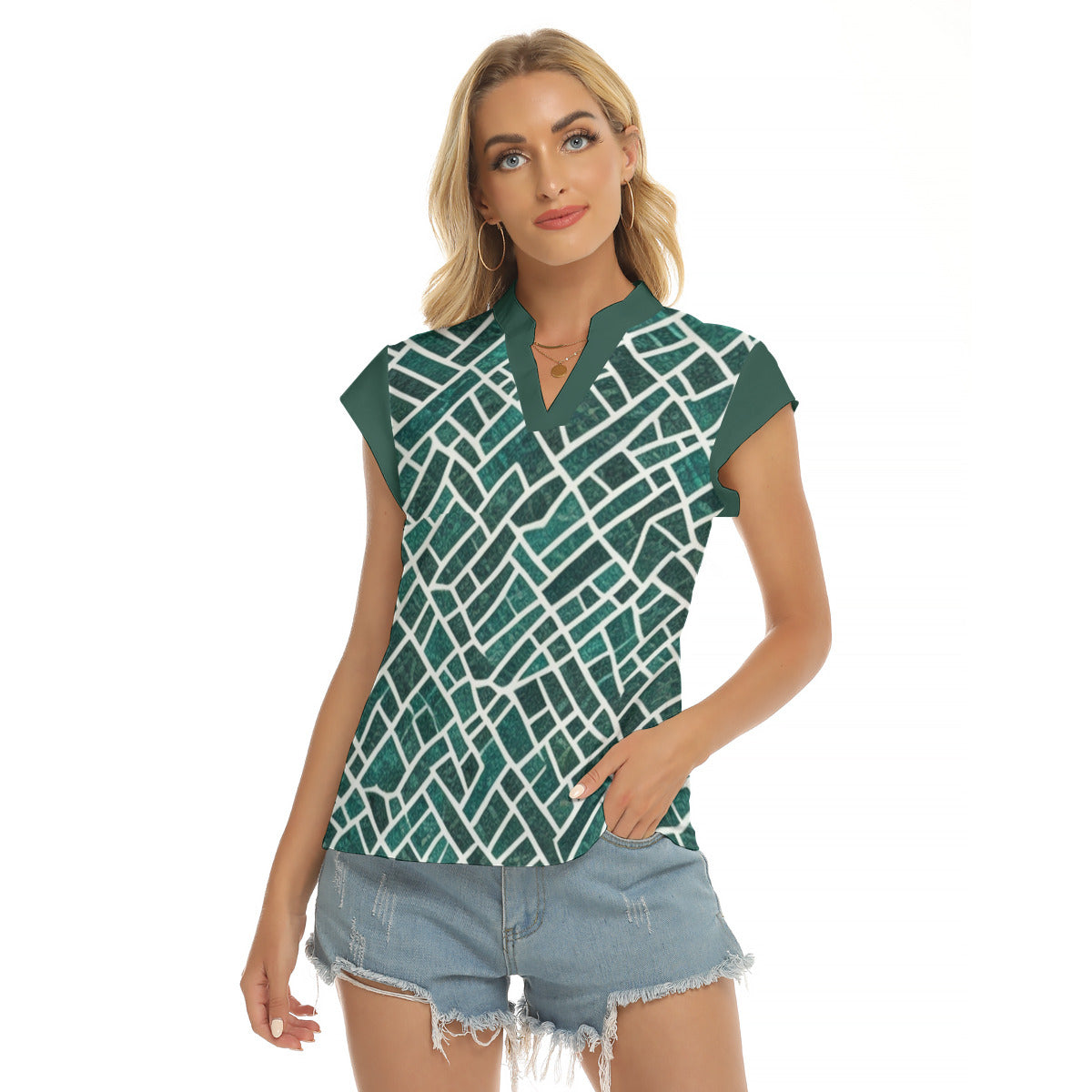 Broken Plaid -- Women's Stacked V-neck Short Sleeve Blouse