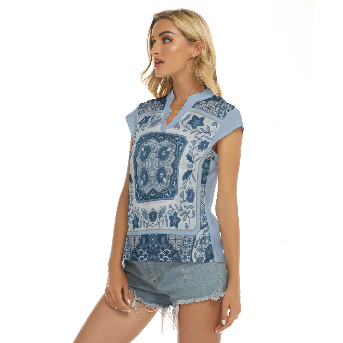 Hankerchief -- Women's Stacked V-neck Short Sleeve Blouse