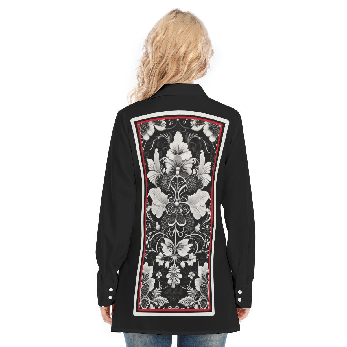 White Lace Pattern Black Blouse