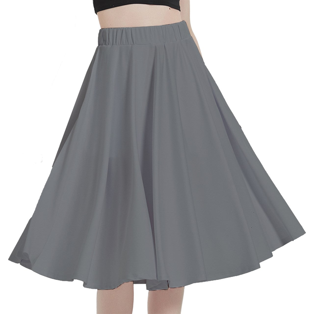 Grey A-Line Midi Skirt With Pocket