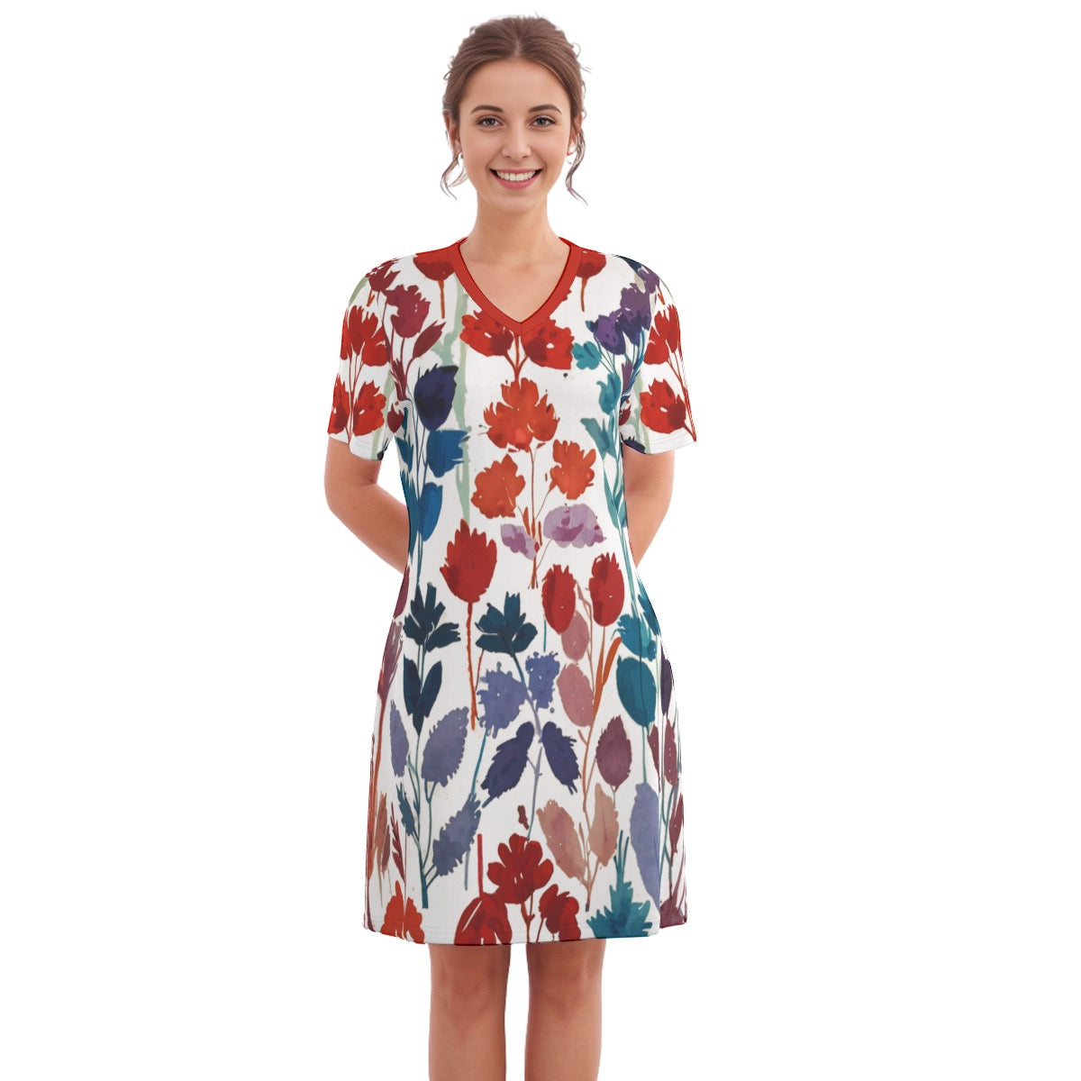 Autumn -- Women's V Neck Dress 100% Cotton