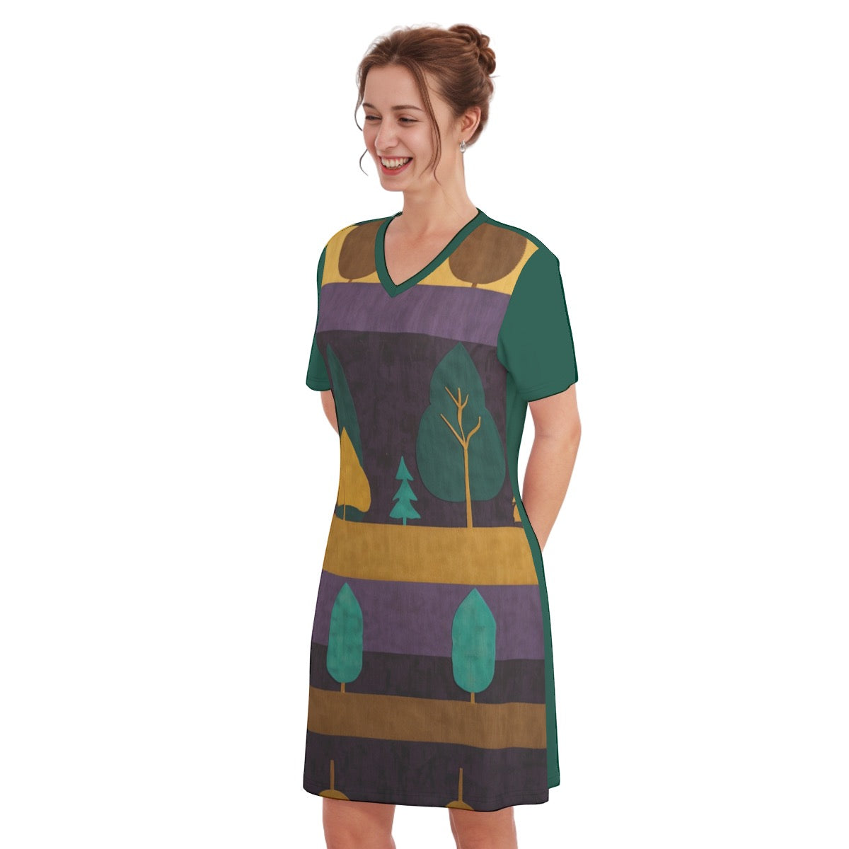 Forest -- Women's V Neck Dress 100% Cotton