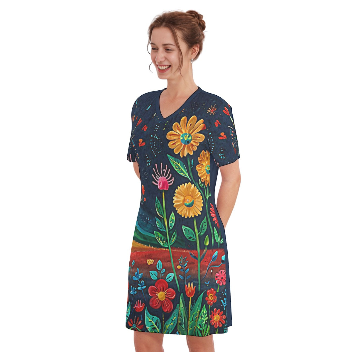 Night Garden -- Women's V Neck Dress 100% Cotton