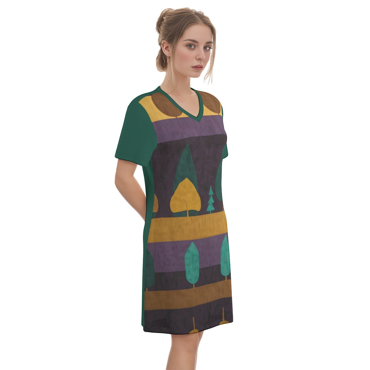 Forest -- Women's V Neck Dress 100% Cotton