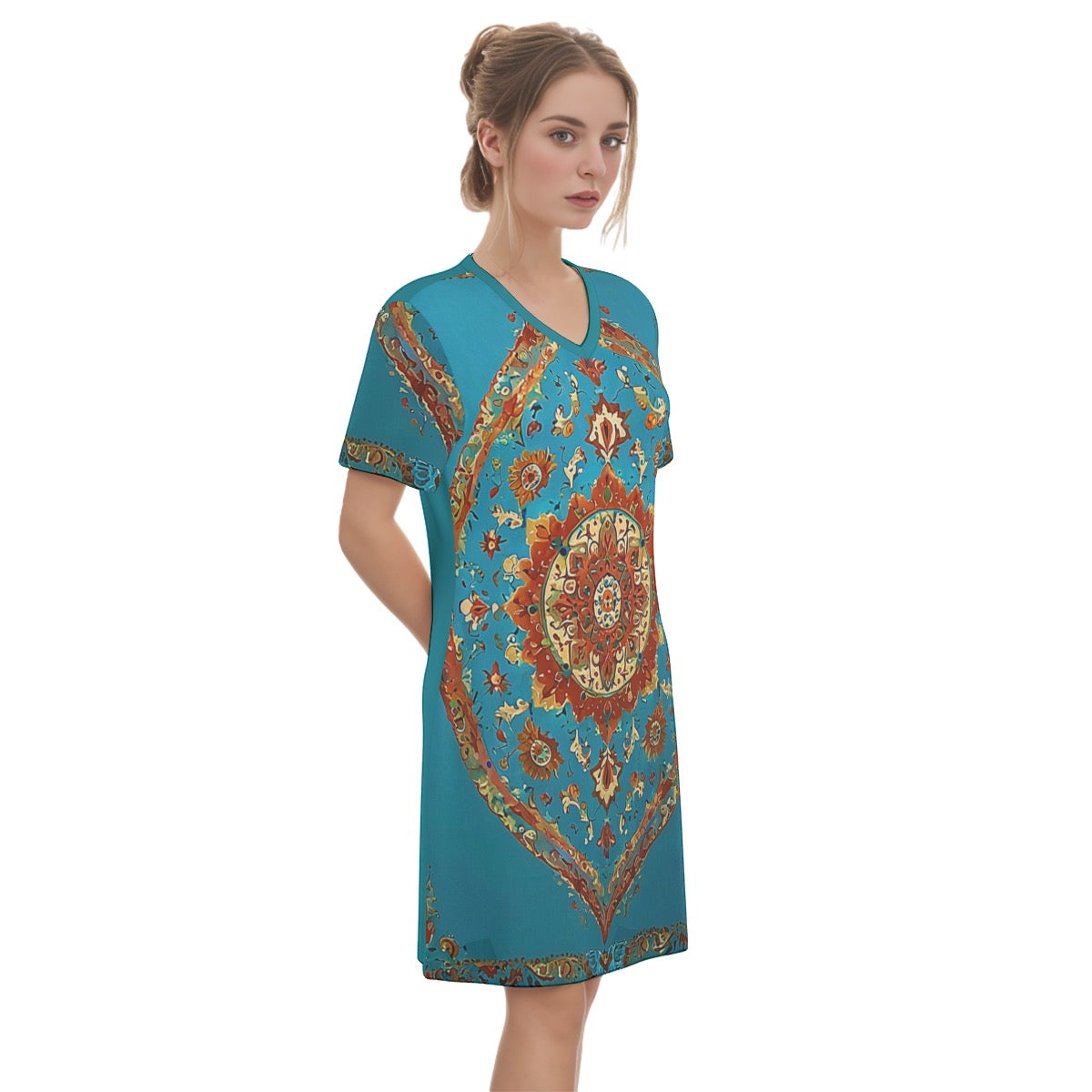 Vardzia -- Women's V Neck Dress 100% Cotton