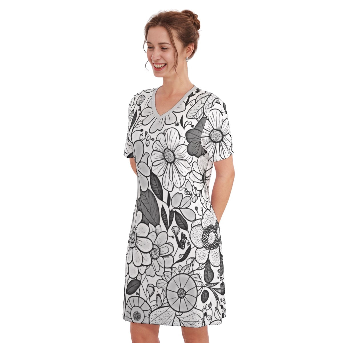 Flowers2 -- Women's V Neck Dress 100% Cotton