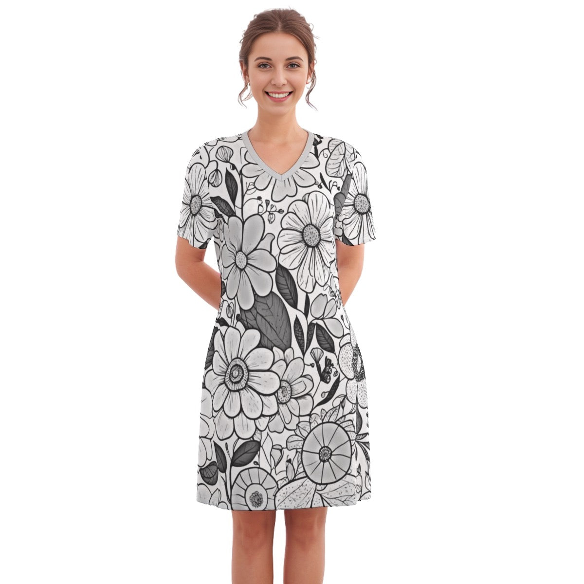 Flowers2 -- Women's V Neck Dress 100% Cotton