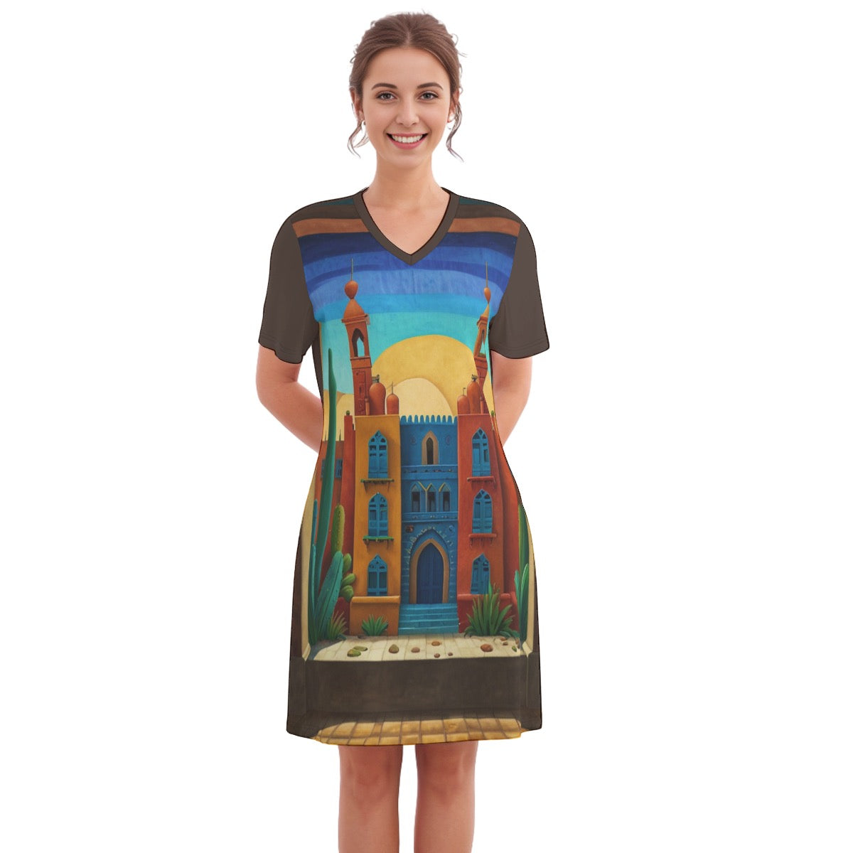 Desert Haven -- Women's V Neck Dress 100% Cotton