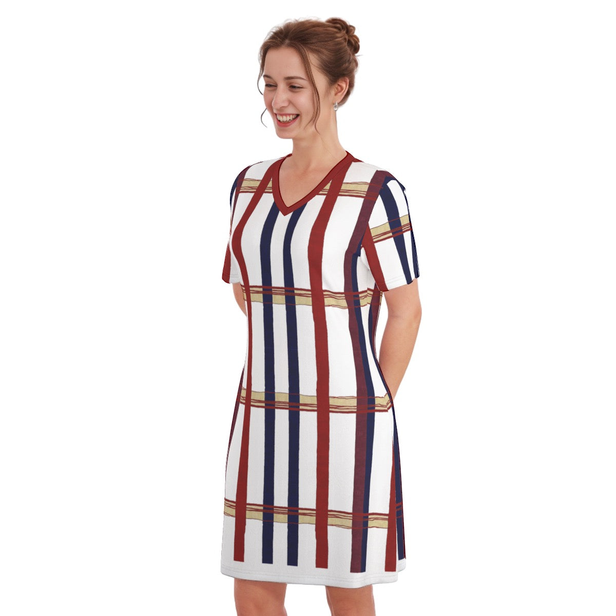 Striped -- Women's V Neck Dress 100% Cotton