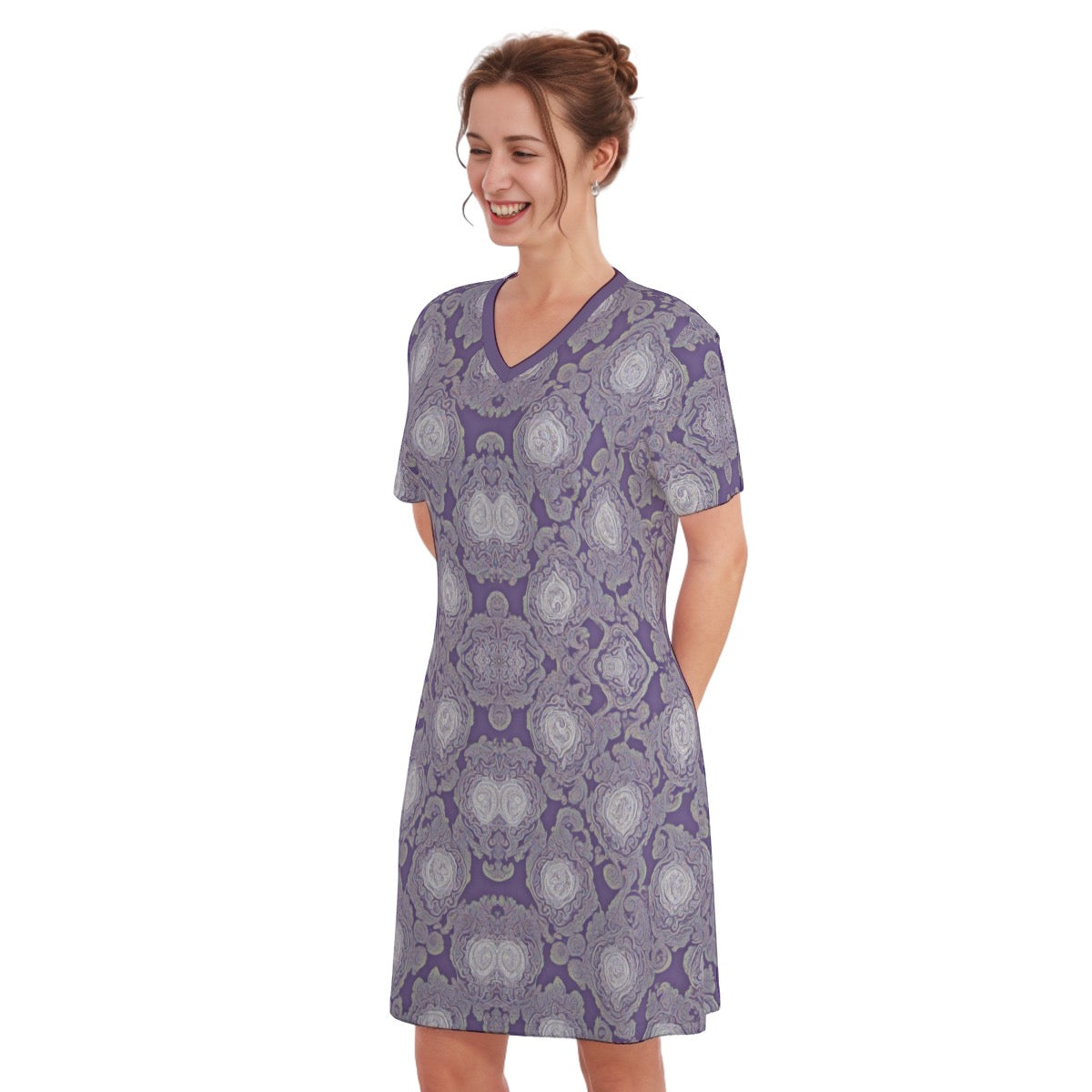 Dark Violet -- Women's V Neck Dress 100% Cotton