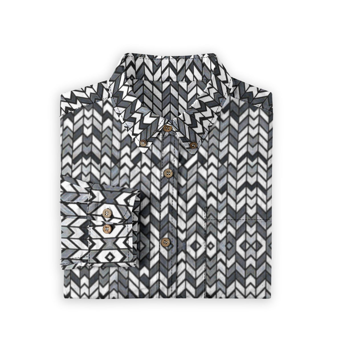 B&W Herringbone Pattern -- Men's 100% Cotton LS Collared Shirt