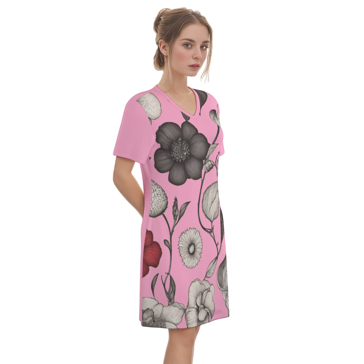 Pink -- Women's V Neck Dress 100% Cotton