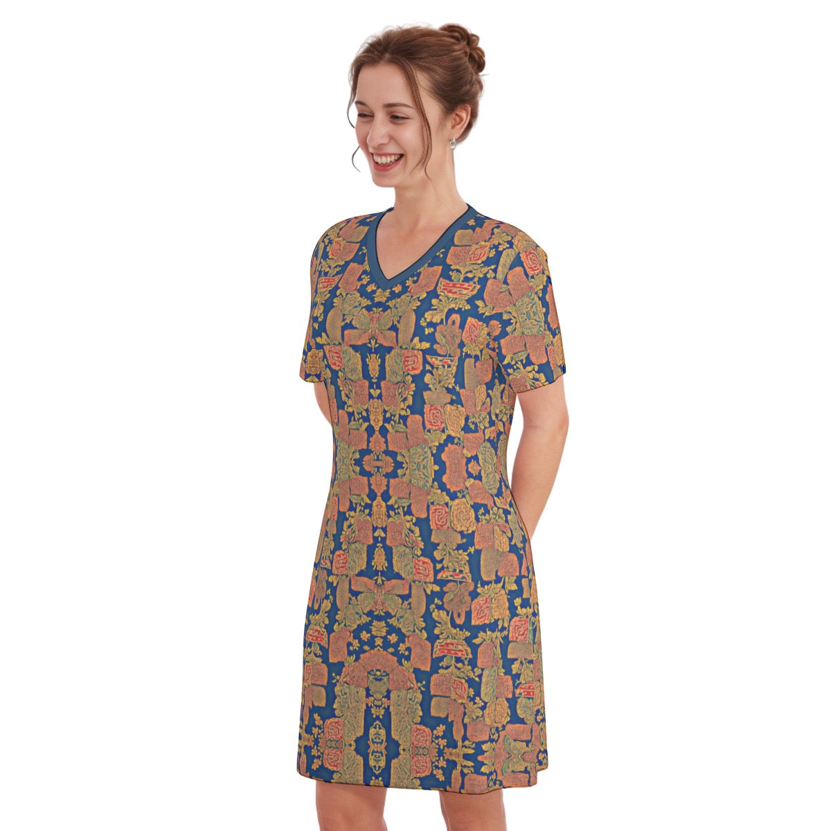 Royal Garden -- Women's V Neck Dress 100% Cotton