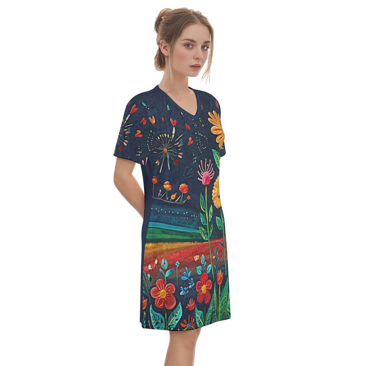 Night Garden -- Women's V Neck Dress 100% Cotton