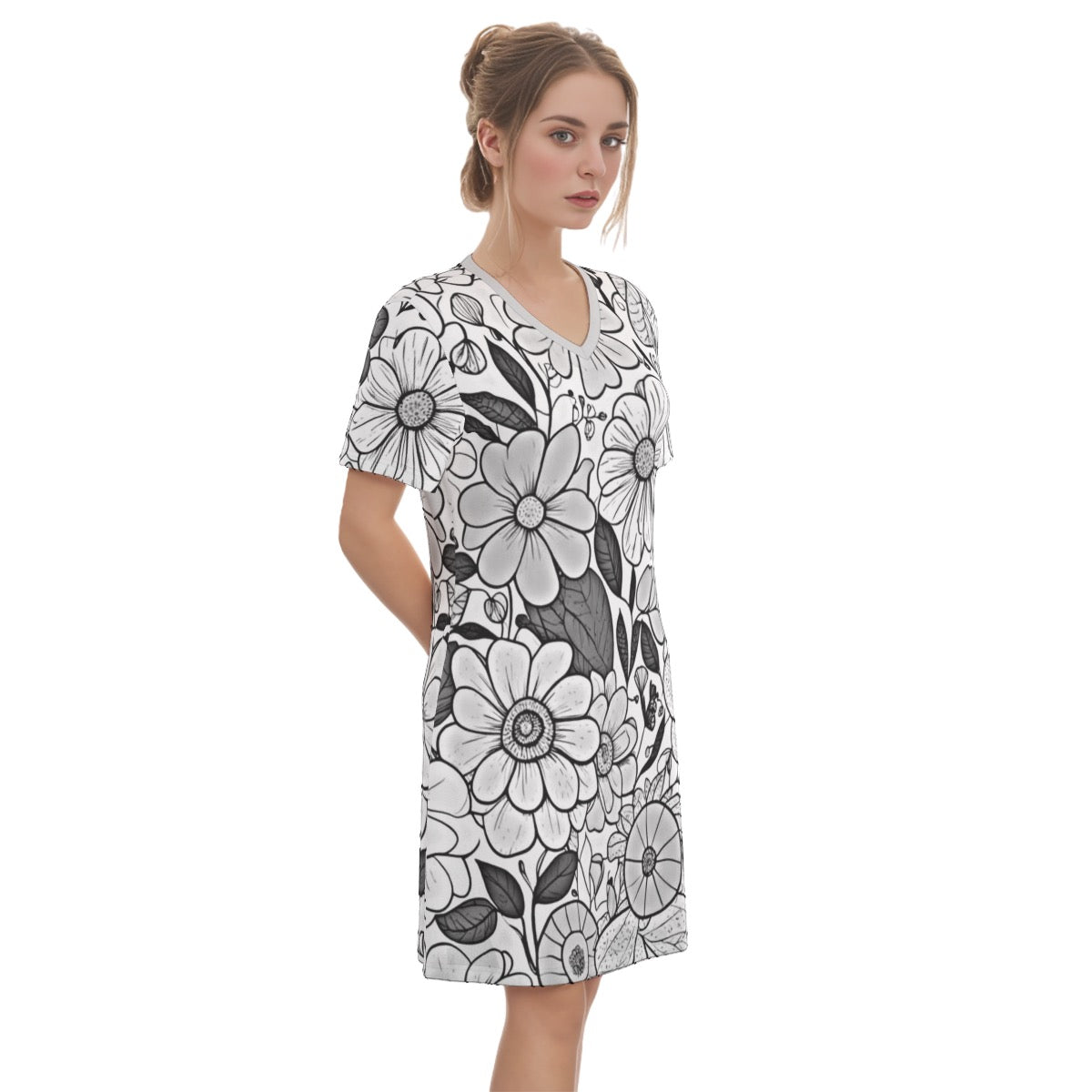 Flowers2 -- Women's V Neck Dress 100% Cotton