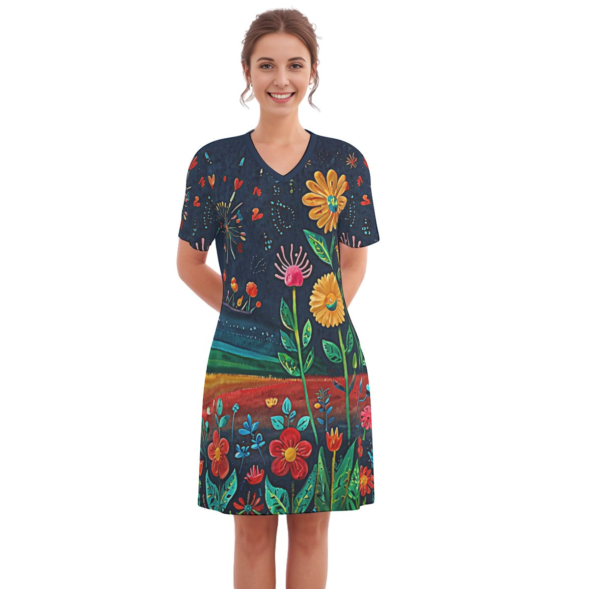 Night Garden -- Women's V Neck Dress 100% Cotton