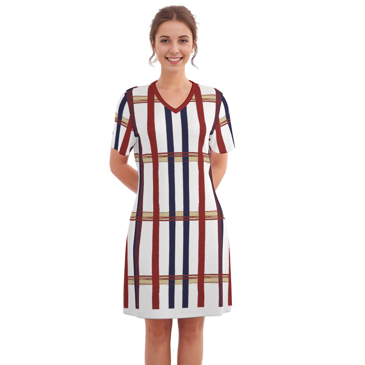 Striped -- Women's V Neck Dress 100% Cotton