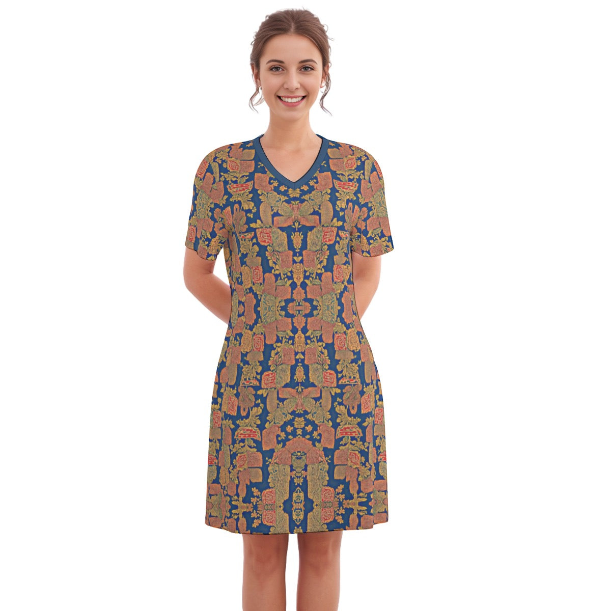 Royal Garden -- Women's V Neck Dress 100% Cotton