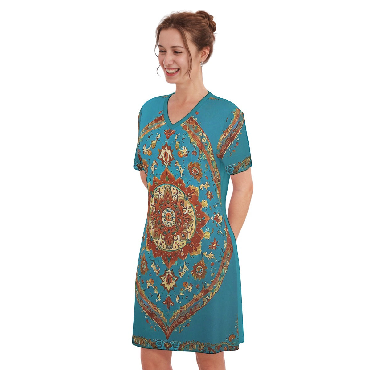 Vardzia -- Women's V Neck Dress 100% Cotton