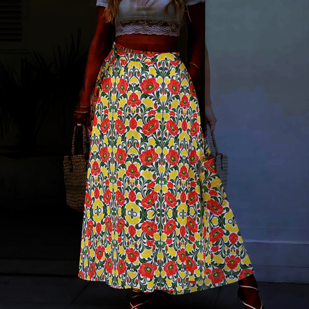 Coral Poppies - Women's Maxi Chiffon Skirt with Lining