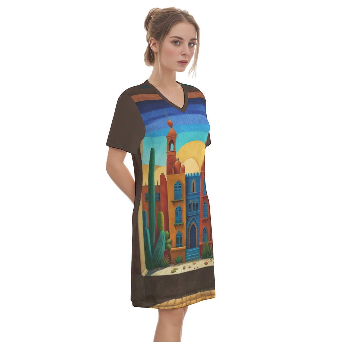 Desert Haven -- Women's V Neck Dress 100% Cotton