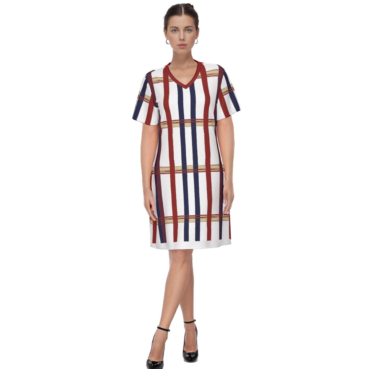 Striped -- Women's V Neck Dress 100% Cotton