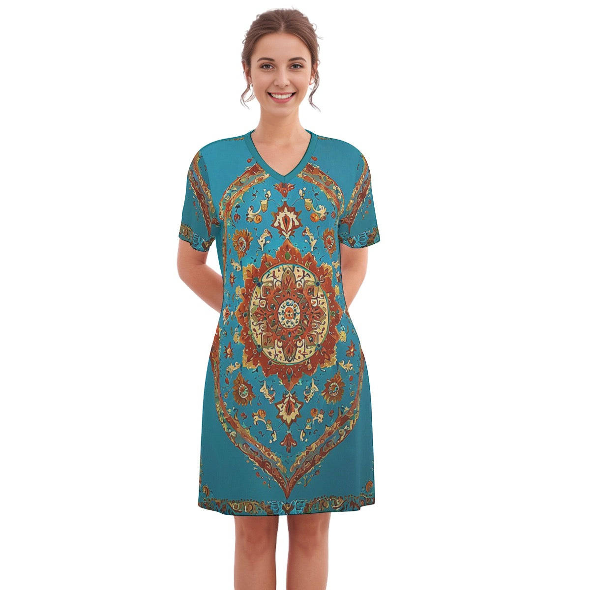 Vardzia -- Women's V Neck Dress 100% Cotton