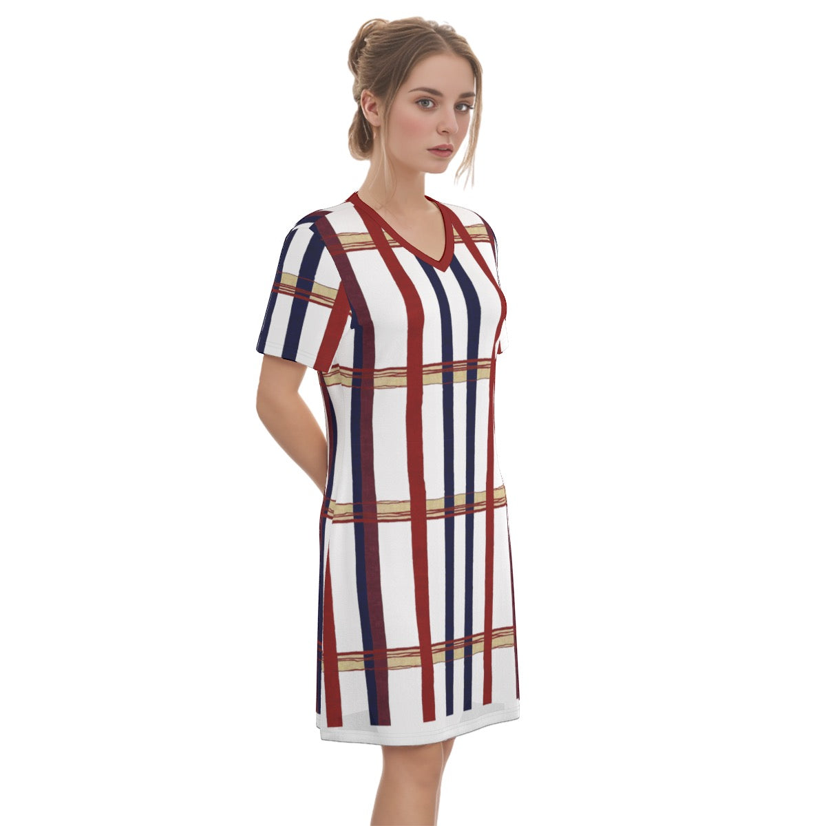 Striped -- Women's V Neck Dress 100% Cotton