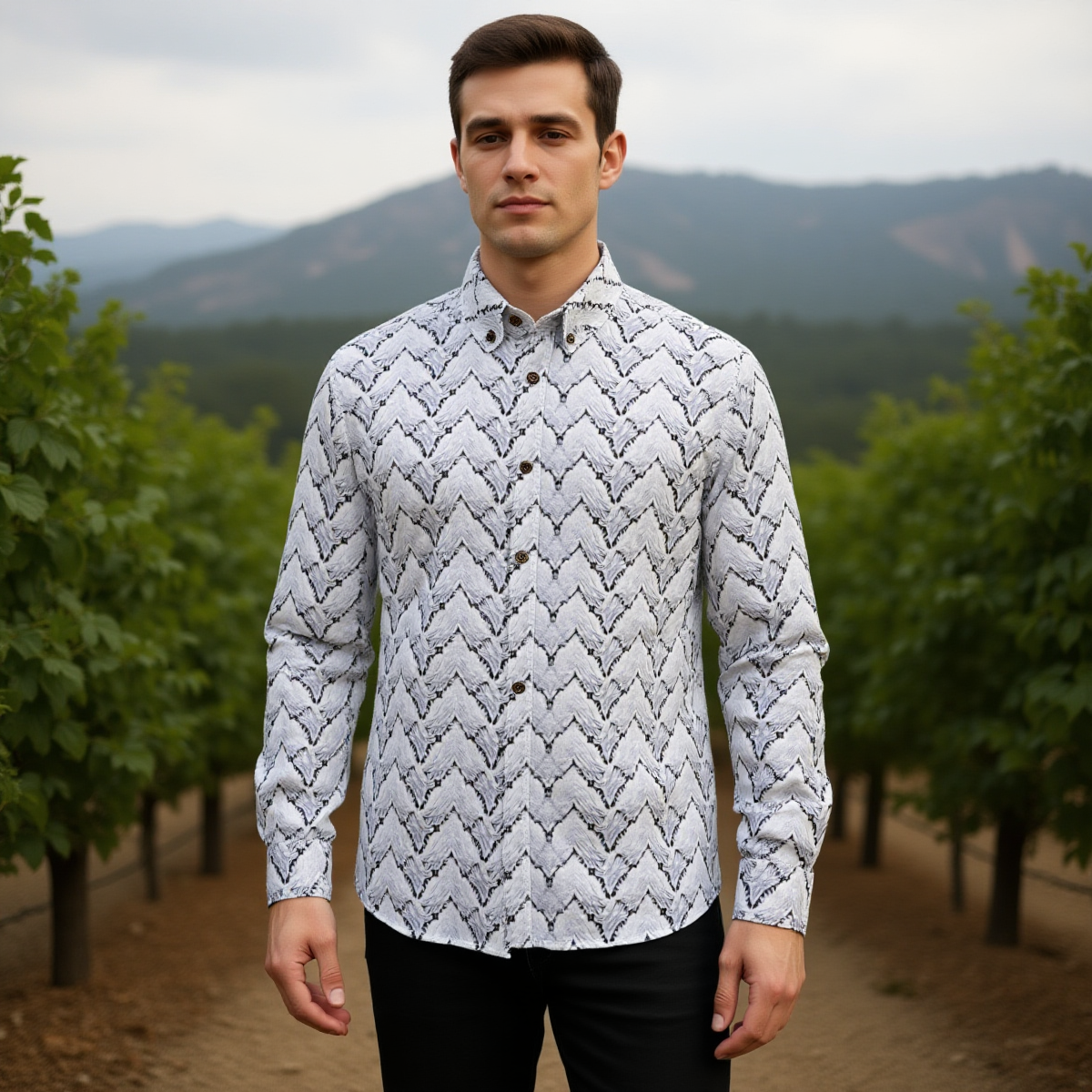 White Herringbone Pattern -- Men's 100% Cotton LS Collared Shirt
