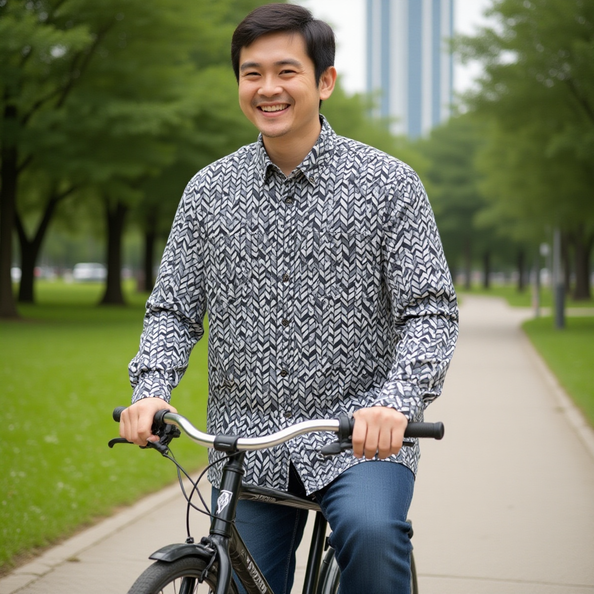 B&W Herringbone Pattern -- Men's 100% Cotton LS Collared Shirt