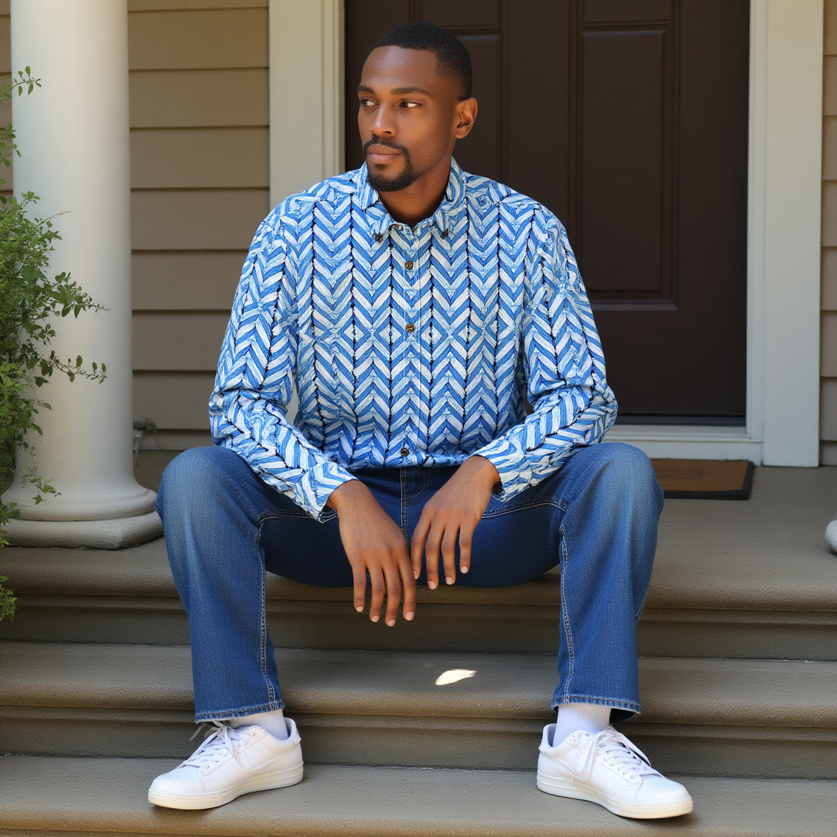 Blue Herringbone -- Men's 100% Cotton LS Collared Shirt