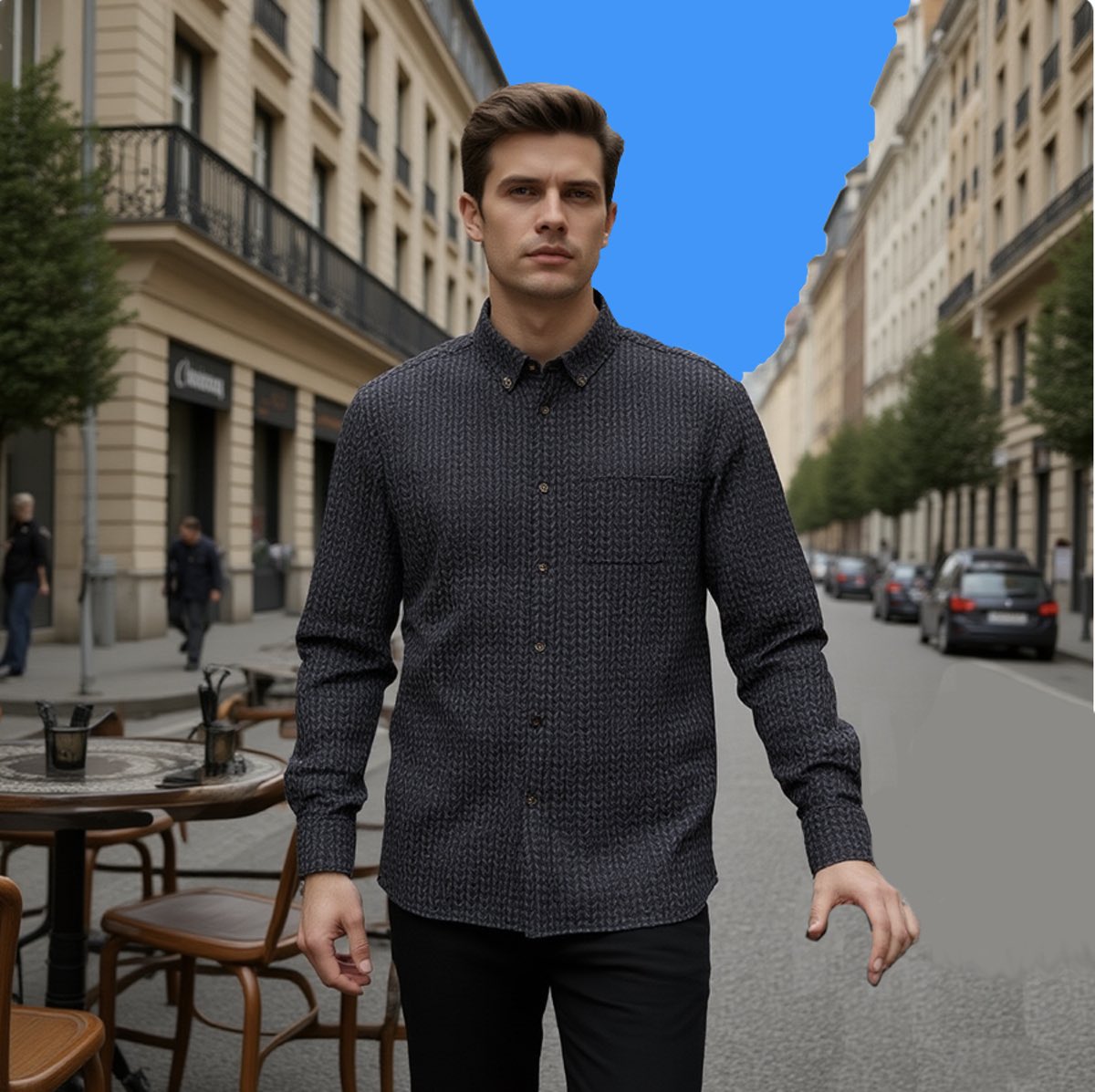 Black Herringbone -- Men's 100% Cotton LS Collared Shirt