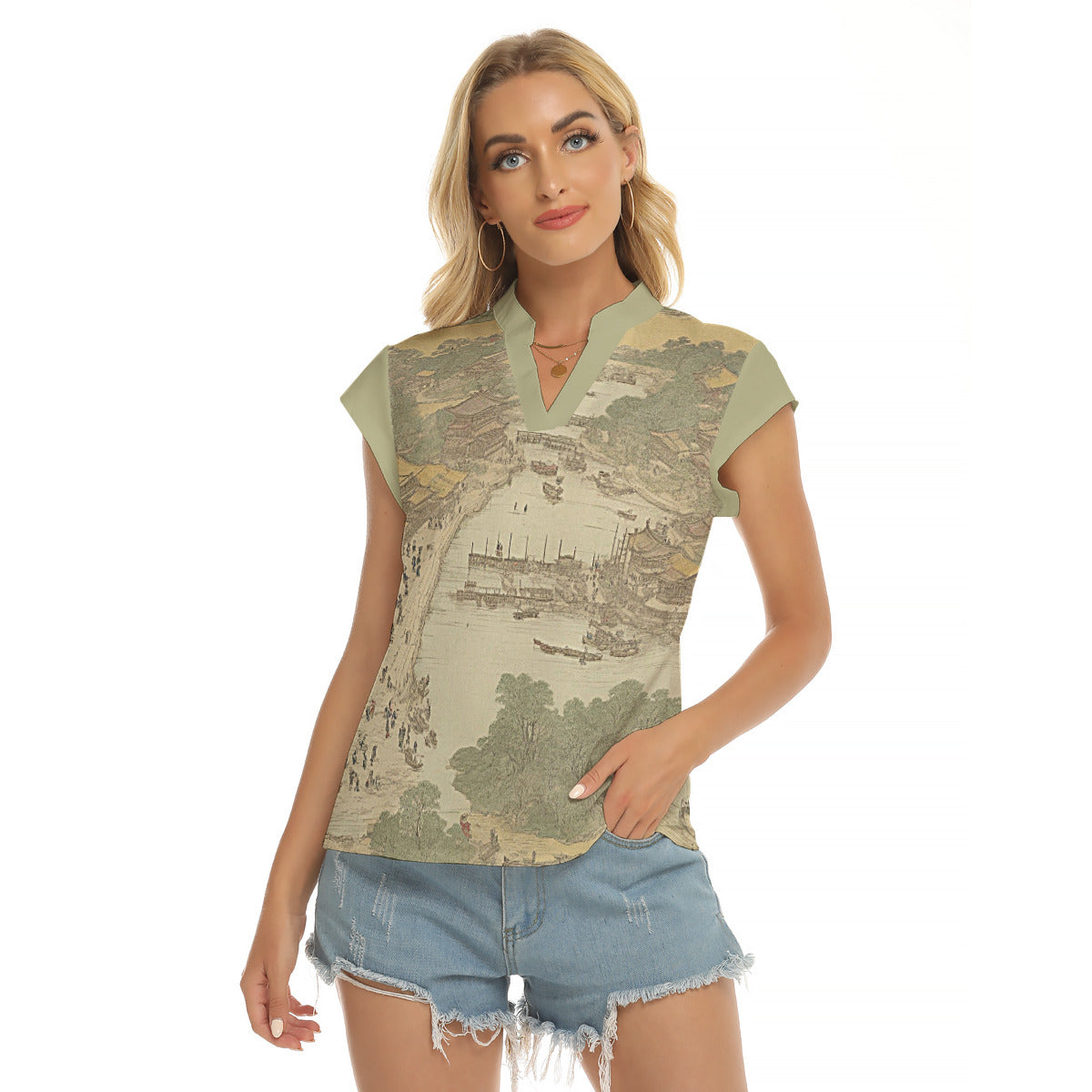 River Festival -- Women's Stacked V-neck Short Sleeve Blouse