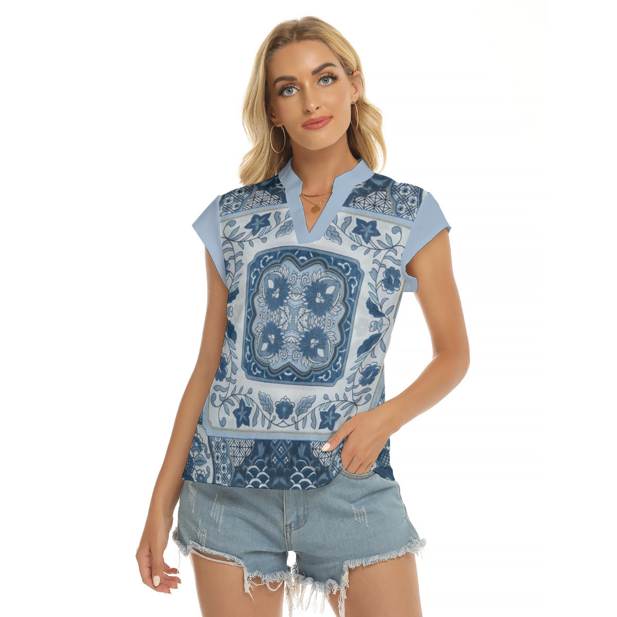 Hankerchief -- Women's Stacked V-neck Short Sleeve Blouse