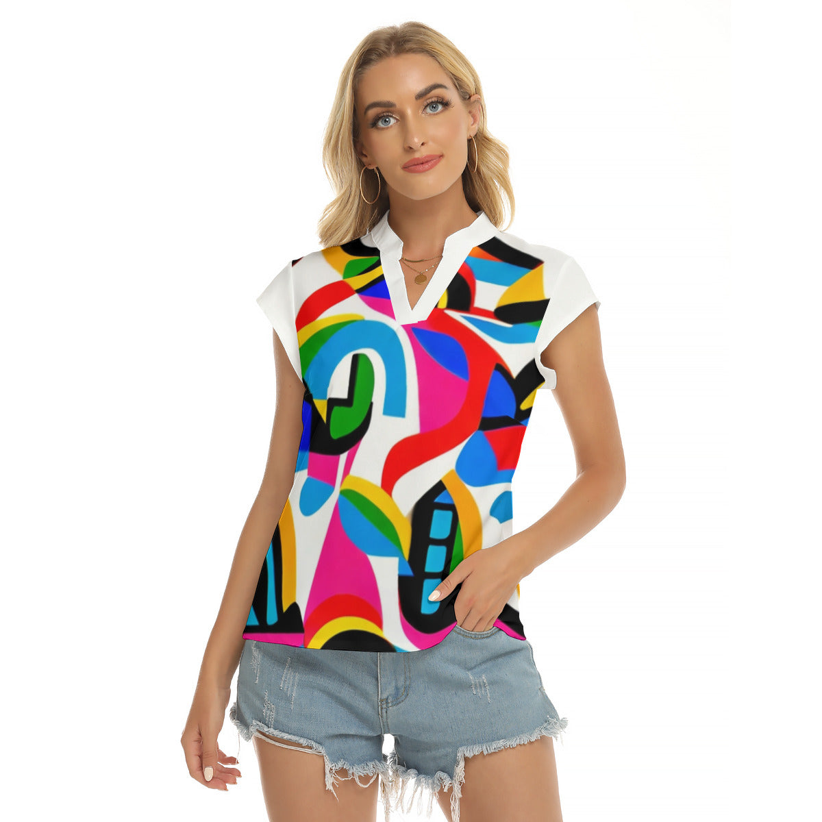 Fun -- Women's Stacked V-neck Short Sleeve Blouse