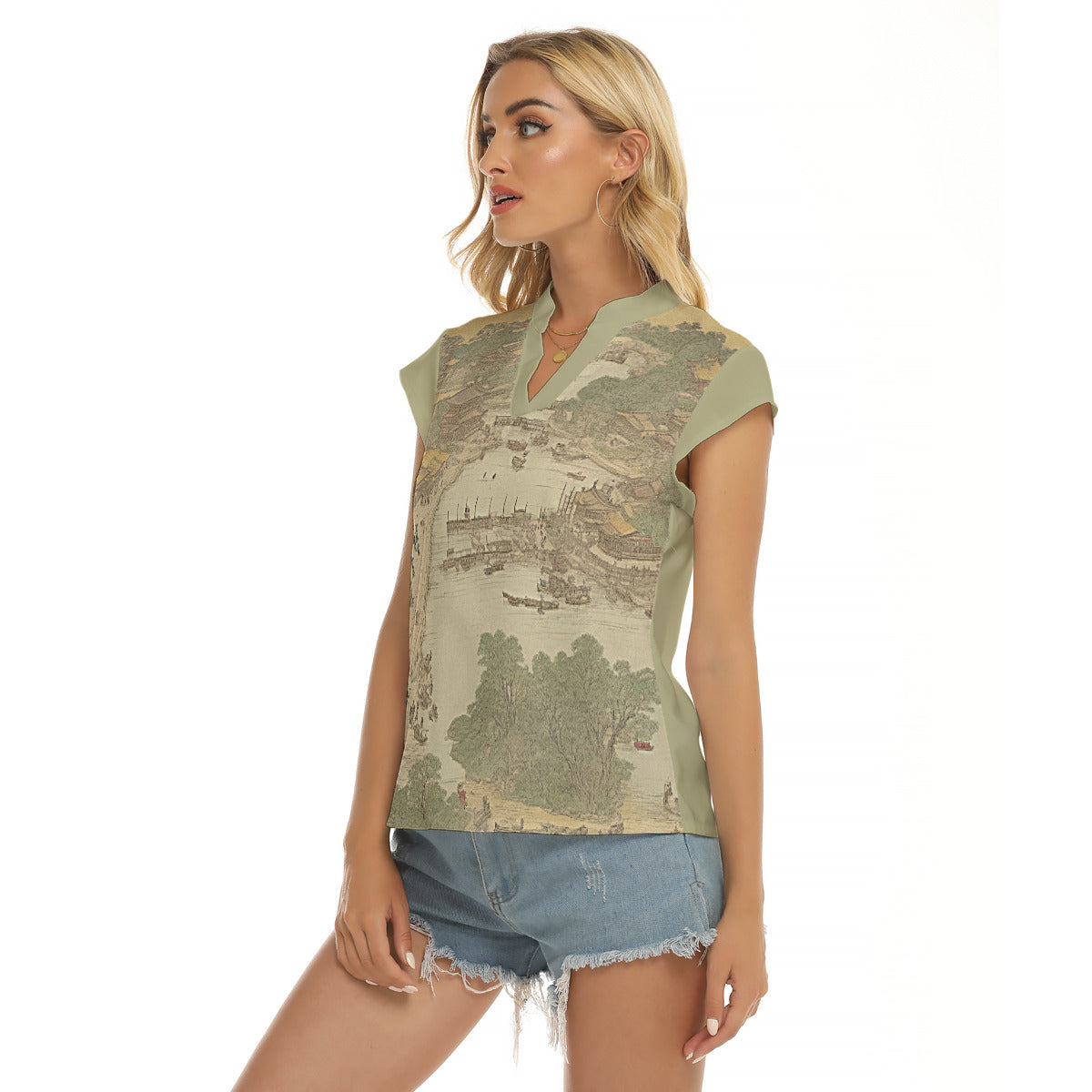 River Festival -- Women's Stacked V-neck Short Sleeve Blouse