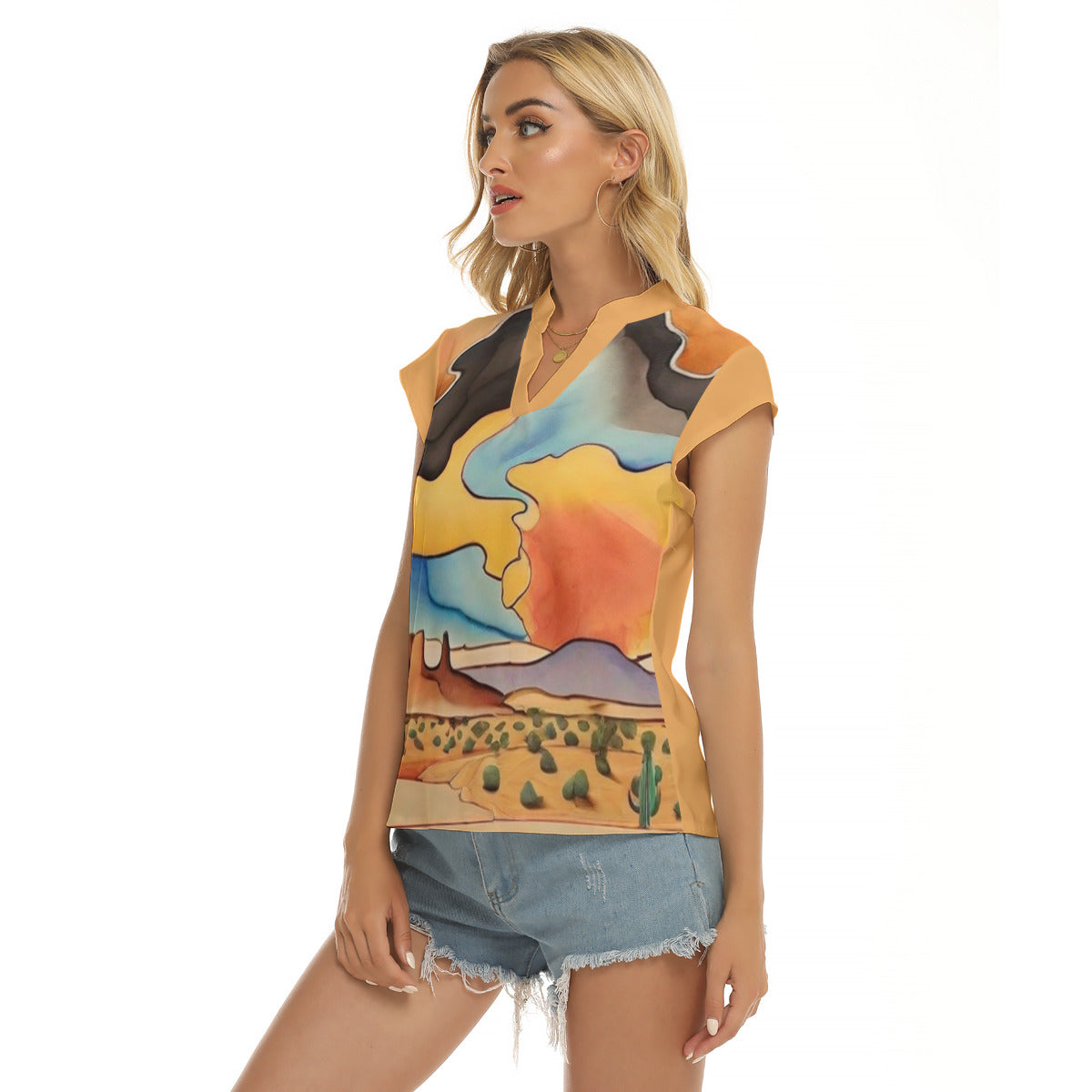 Southwest -- Women's Stacked V-neck Short Sleeve Blouse