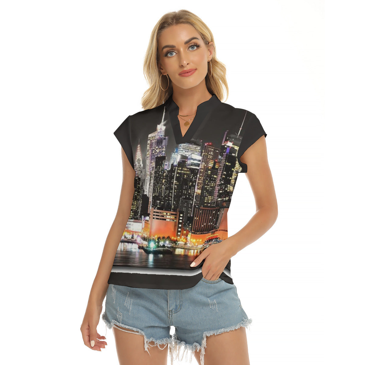 City Lights --Stacked V-neck Short Sleeve Blouse