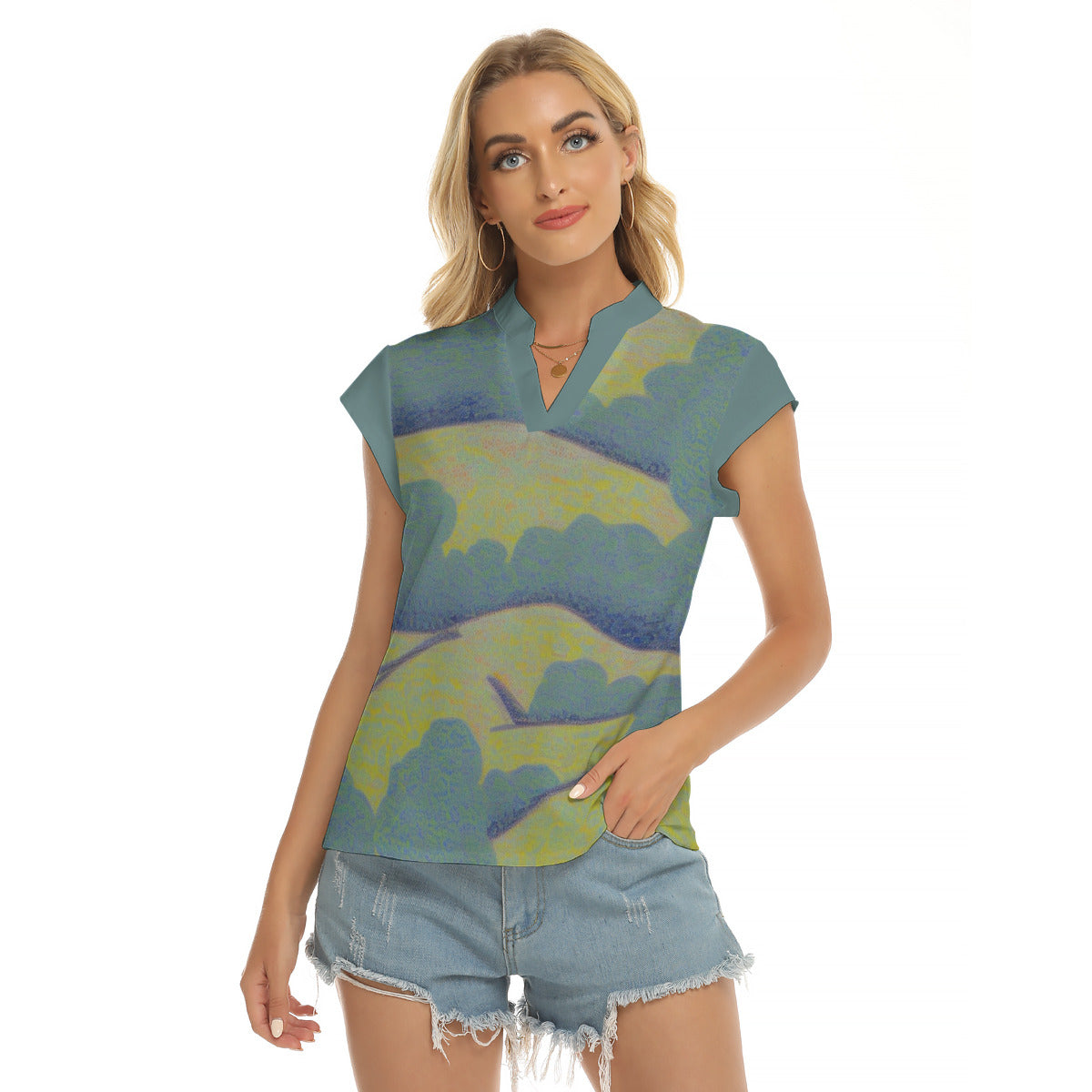 Rolling Hills -- Women's Stacked V-neck Short Sleeve Blouse