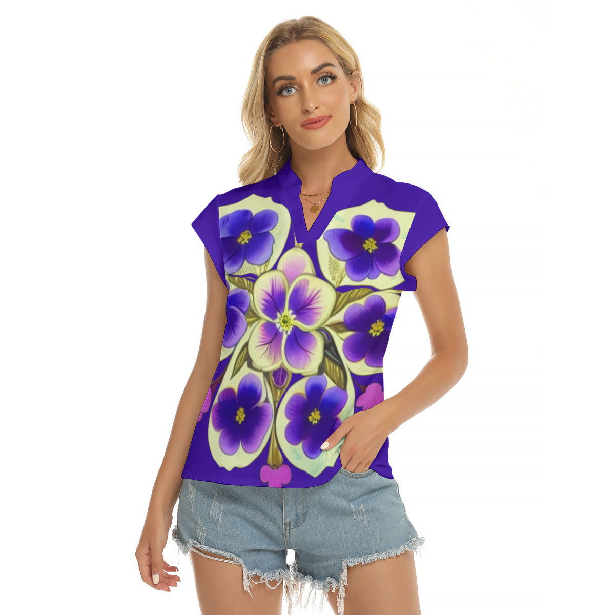 Violet Crest -- Women's Stacked V-neck Short Sleeve Blouse