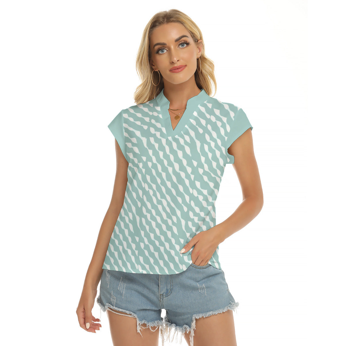 Waves -- Women's Stacked V-neck Short Sleeve Blouse