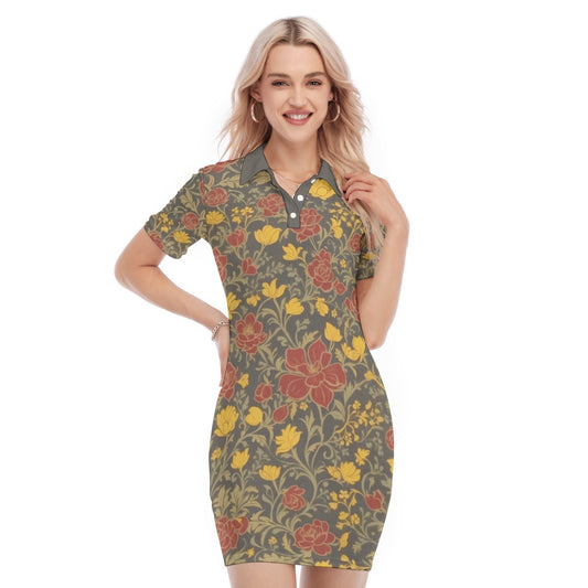 Red & Yellow Flowers -- Women's Polo Collar Dress