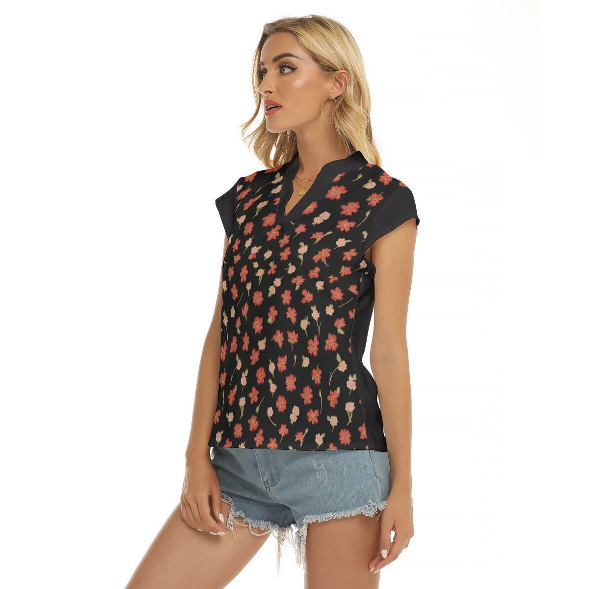 Flowers Too -- Women's Stacked V-neck Short Sleeve Blouse